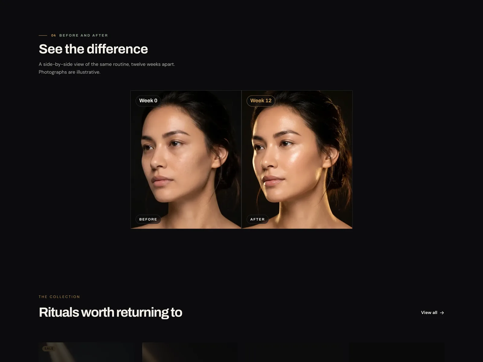 Darkroom before and after section comparing week 0 and week 12 skincare results side by side