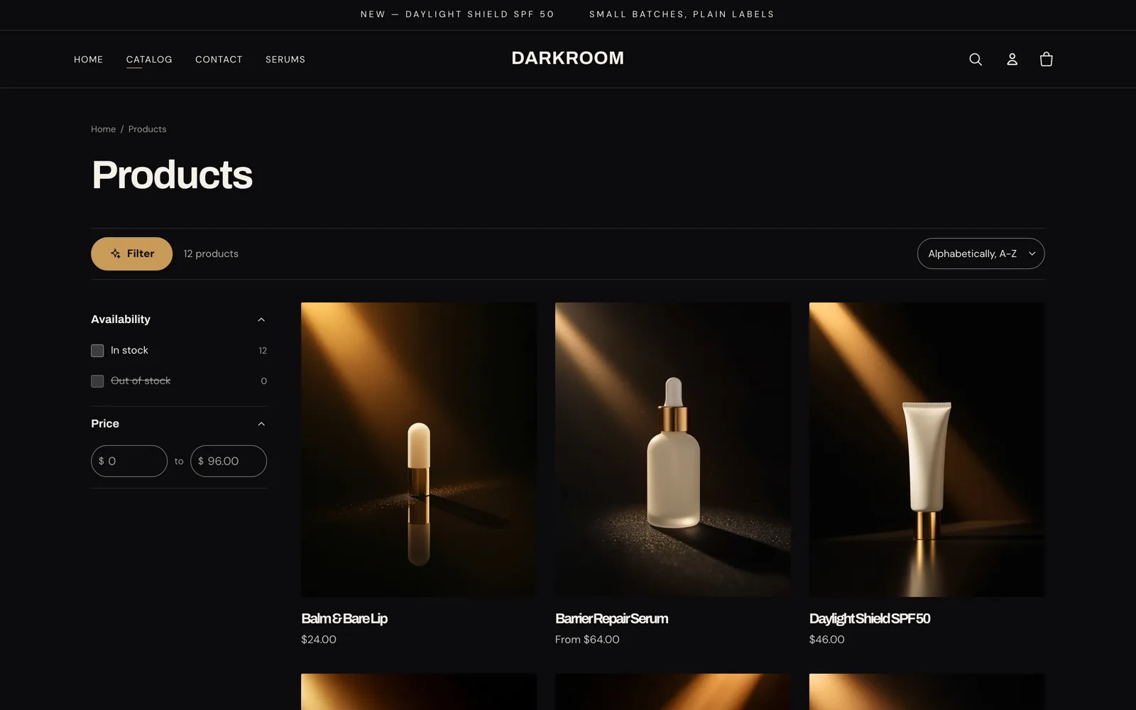 A Fyzn Commerce storefront collection grid: skincare products laid out in an editorial dark-and-gold template