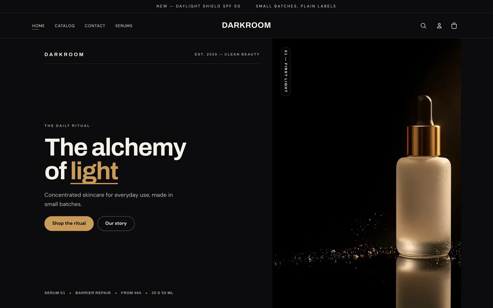 The Darkroom theme homepage: a dark editorial hero reading The alchemy of light, beside a lit serum bottle