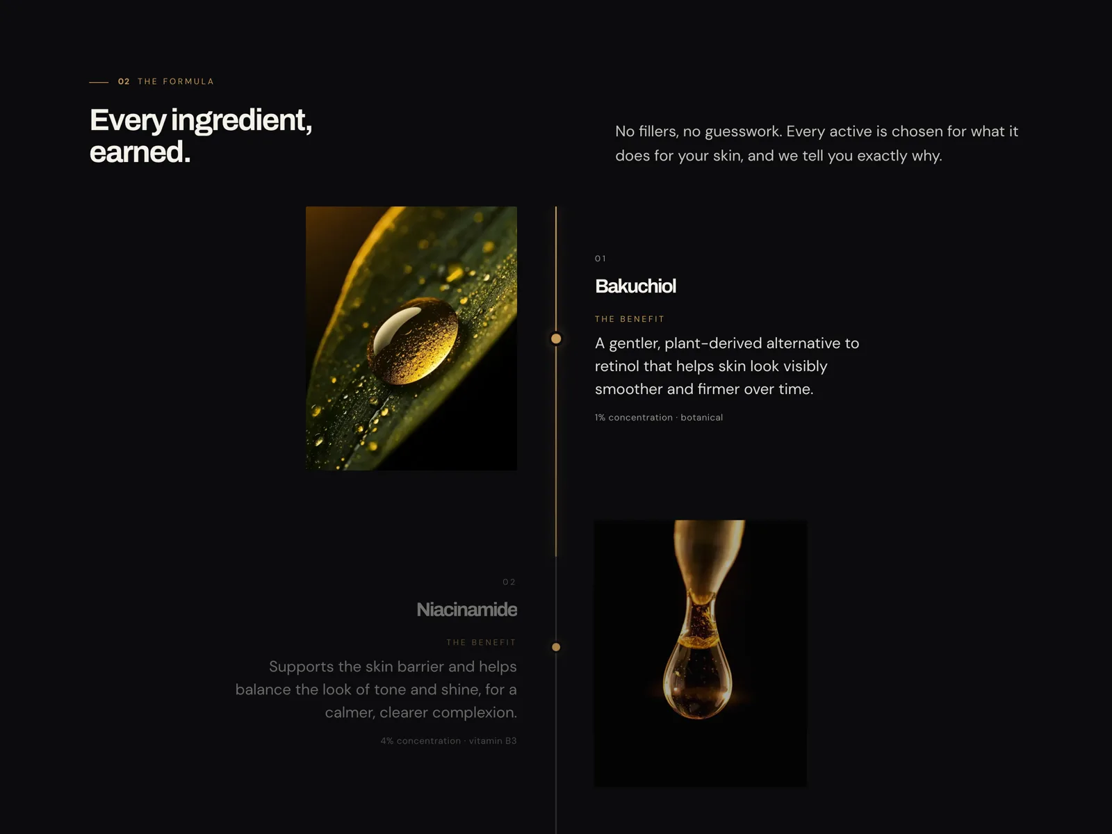 Darkroom ingredient section: a gold scroll-drawn timeline linking a macro photograph of an active to the benefit it delivers