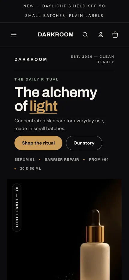 Darkroom homepage hero on a mobile screen