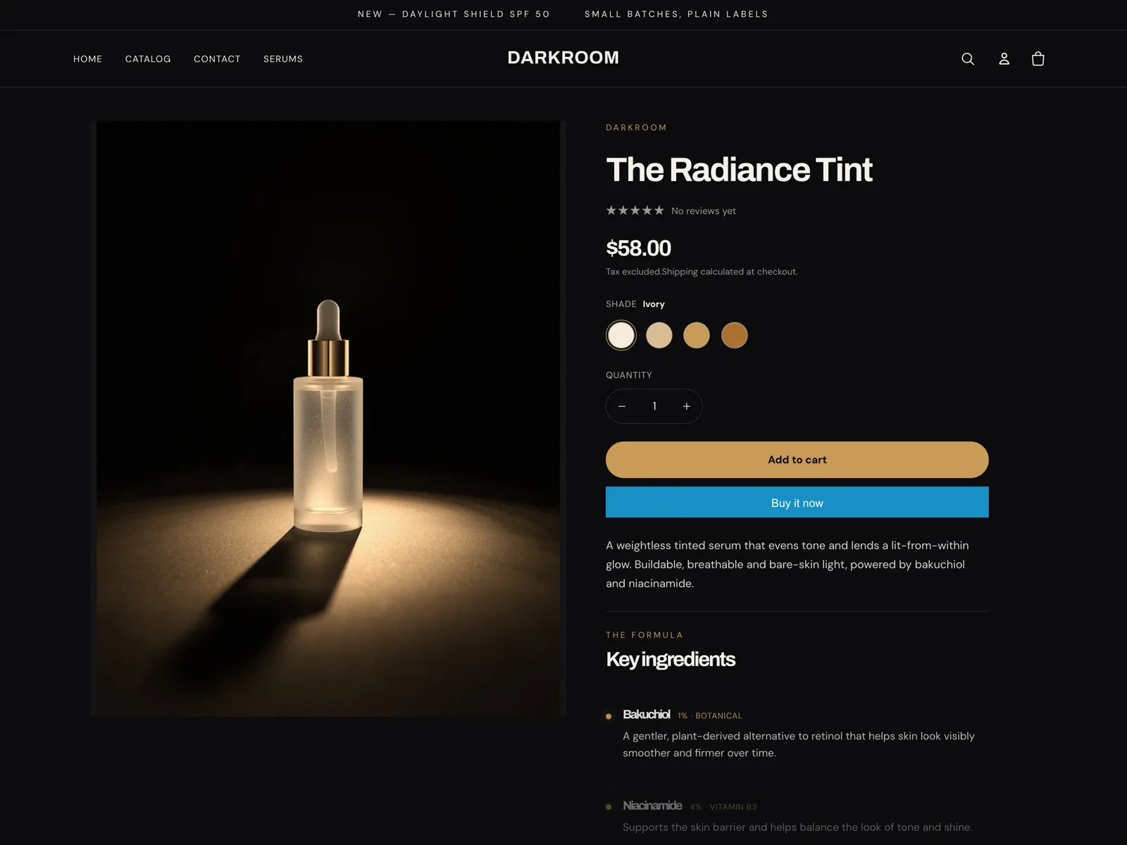Darkroom product page for a skincare serum: shade swatches, add to cart, trust badges and a key ingredients breakdown above the fold